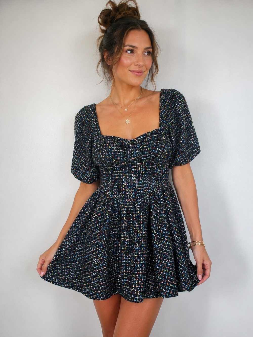 Buddy Love Black Multicolor Confetti Smocked Mini Dress